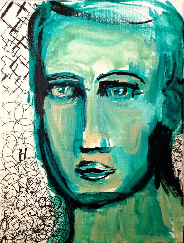 This modern Abstract portrait of a man is entitled "Scarborough Fair" making reference to a traditional ballad of Great Britain where in a man asks his former lover to perform a series of impossible tasks before he will take her back. This portrait is 9"x12" on 1/2" thick canvas. It is the ORIGINAL painting.
